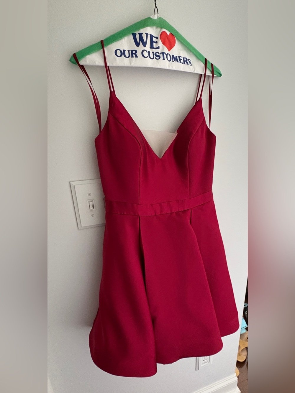 Jovani Crimson V-Neck Spaghetti Strap Mini Dress Red